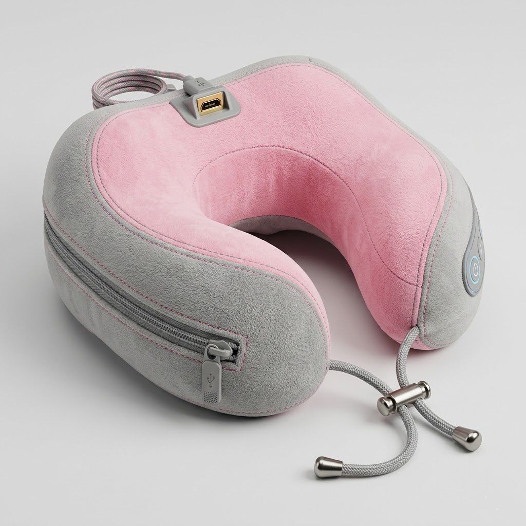 Almohada masajeadora cervical USB gris rosada Click & Go tela microfibra detalle costuras cierres