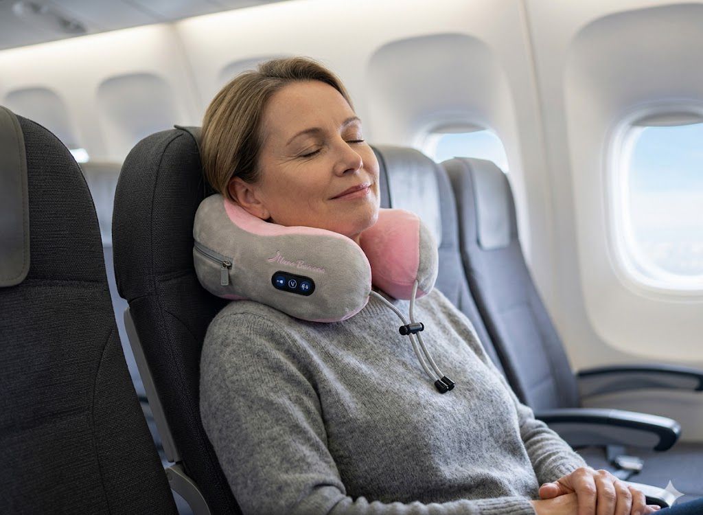 Almohada masajeadora cervical rosada Click & Go en uso viaje avi&oacute;n cuello relajado