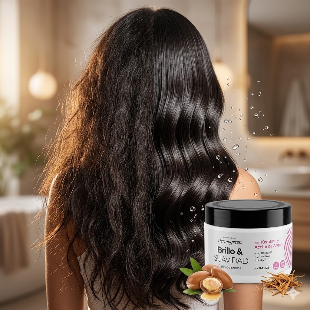 Dermogreen Ba&ntilde;o de Crema Keratina Arg&aacute;n cabello brillante anti-frizz resultado Click & Go