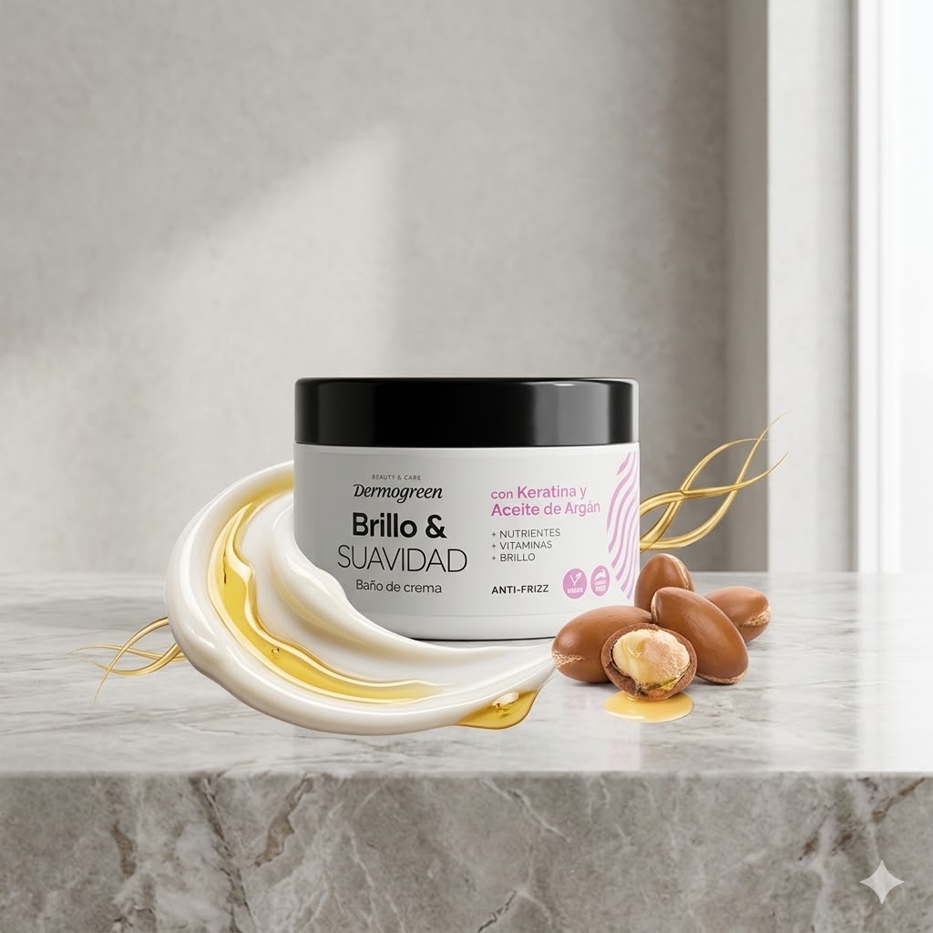 Mujer cabello brillante suave resultado Dermogreen ba&ntilde;o de crema keratina arg&aacute;n Click & Go