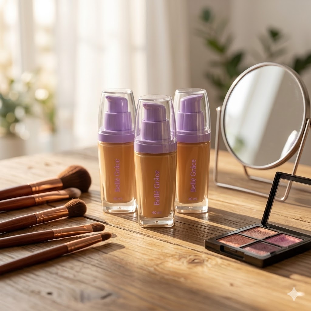 Frasco base l&iacute;quida mate Bell&eacute; Gr&acirc;ce 30 ml dispensador lila envase transparente detalle