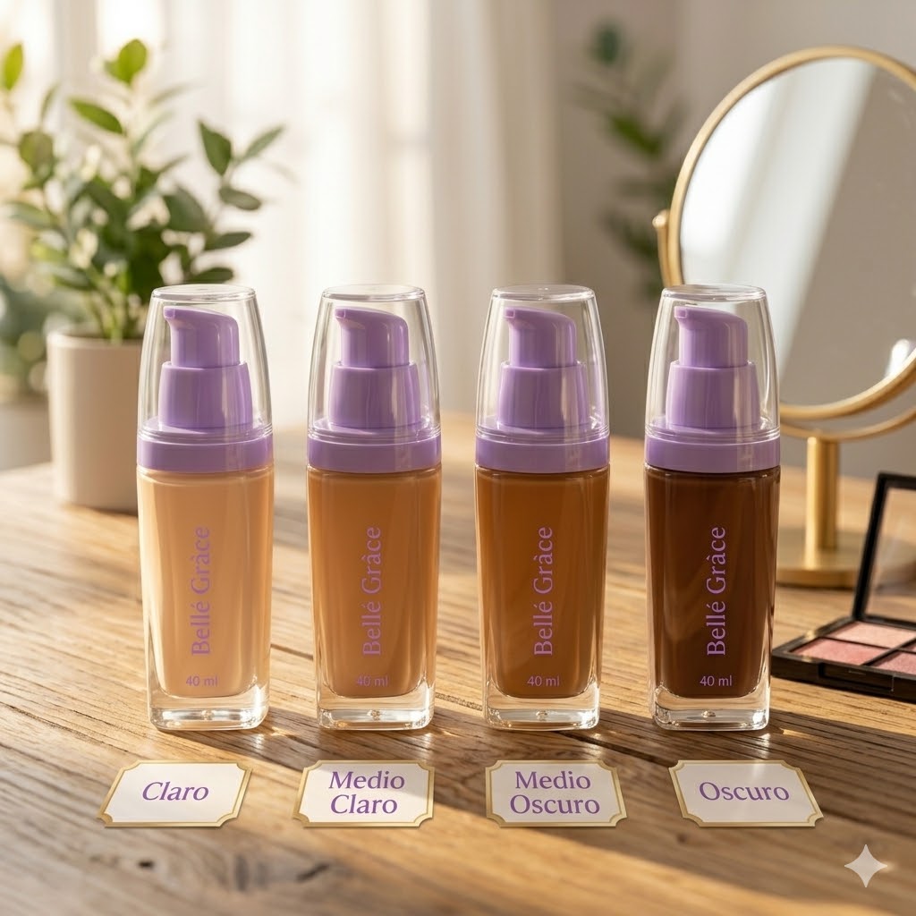 Frascos base l&iacute;quida mate Bell&eacute; Gr&acirc;ce 4 tonos cobertura construible Click & Go