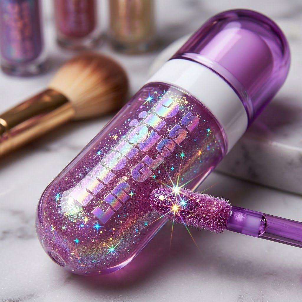 Magic Lip Glass Click & Go frasco c&aacute;psula violeta rosa destellos iridiscentes detalle aplicador