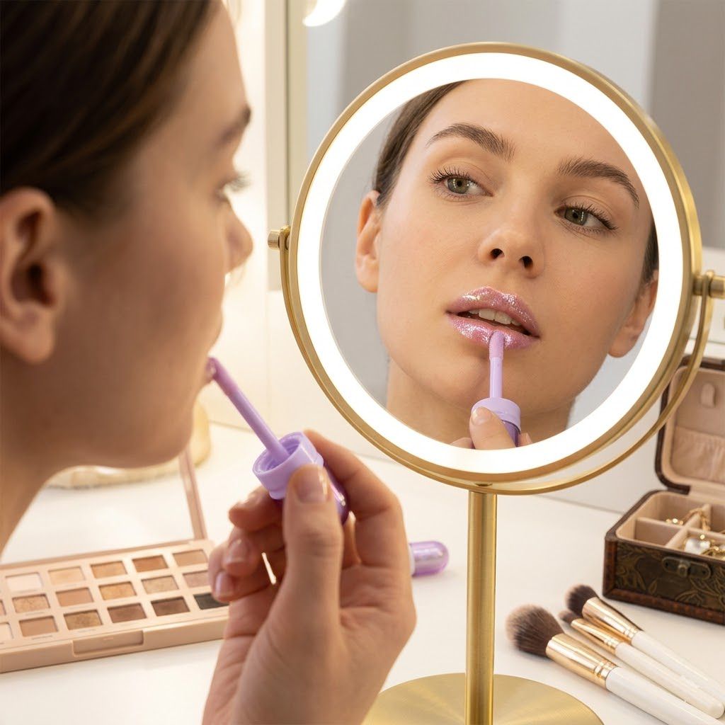 Brillo labial gloss iridiscente Click & Go aplicaci&oacute;n frente al espejo maquillaje diario