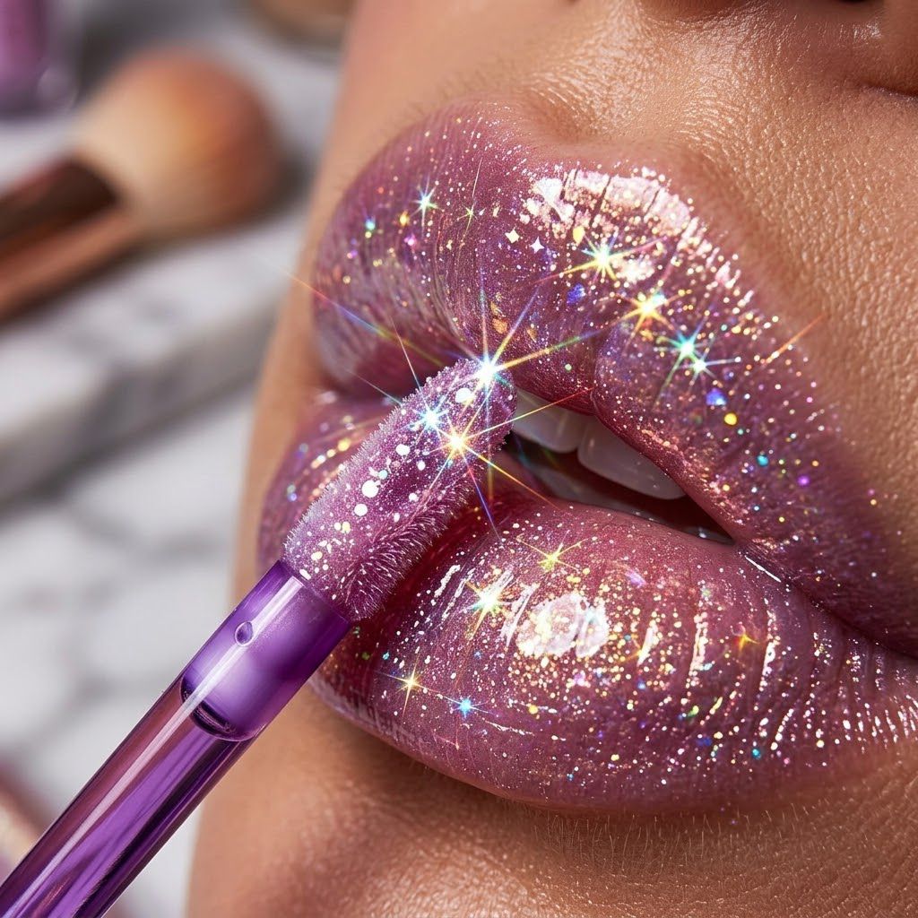 Brillo labial gloss iridiscente Click & Go destellos aplicador pincel resultado labios