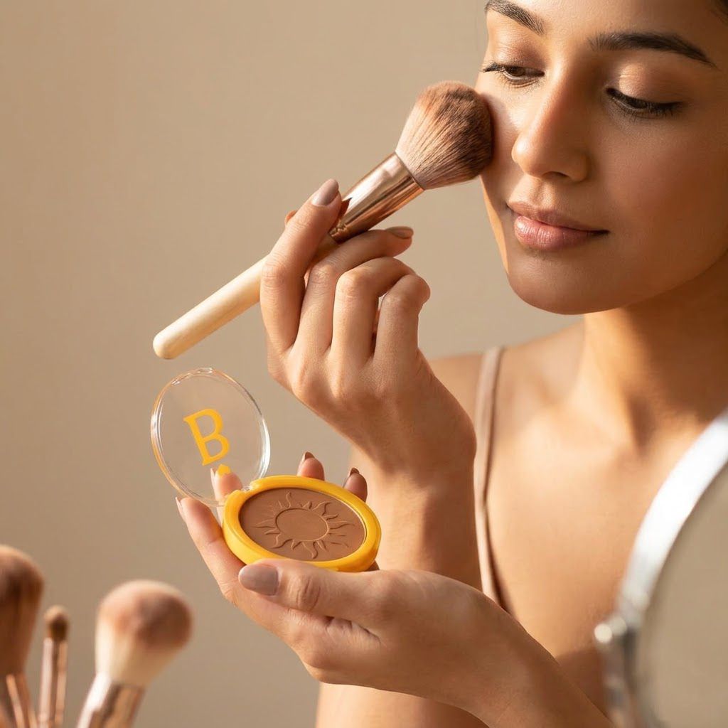 Bronceador en polvo Belle Gr&acirc;ce aplicado en rostro con brocha efecto sol natural Click & Go