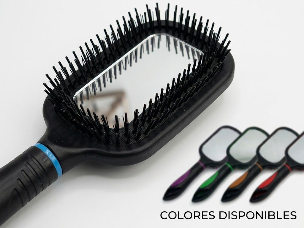 Cepillo de cabello negro con espejo primer plano cerdas y mango colores disponibles Click & Go