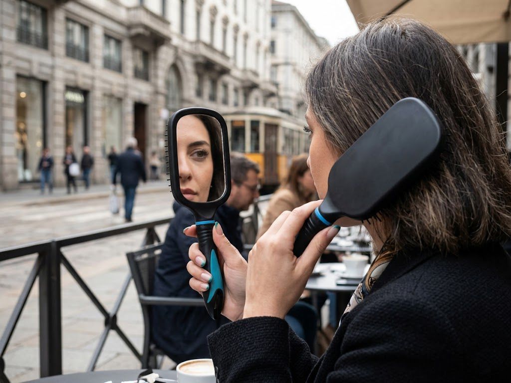 Cepillo de cabello con espejo integrado Click & Go siendo usado por mujer en entorno urbano