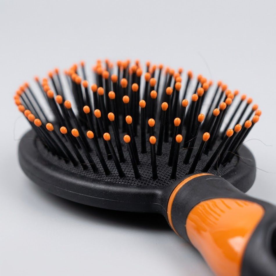 Cepillo para cabello negro naranja primer plano cerdas bolitas protectoras base neum&aacute;tica Click & Go