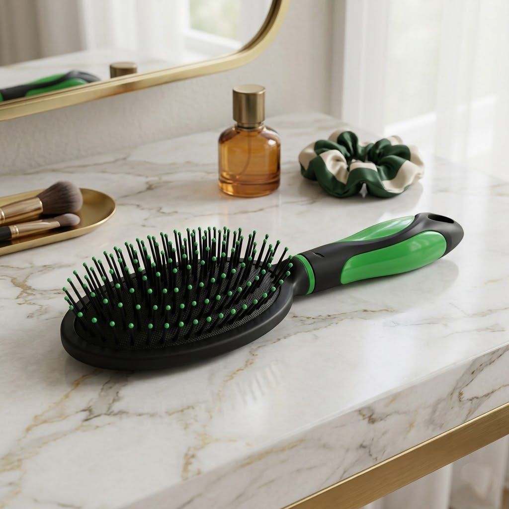 Cepillo para cabello ovalado Click & Go verde con cerdas neum&aacute;ticas sobre mesa de tocador