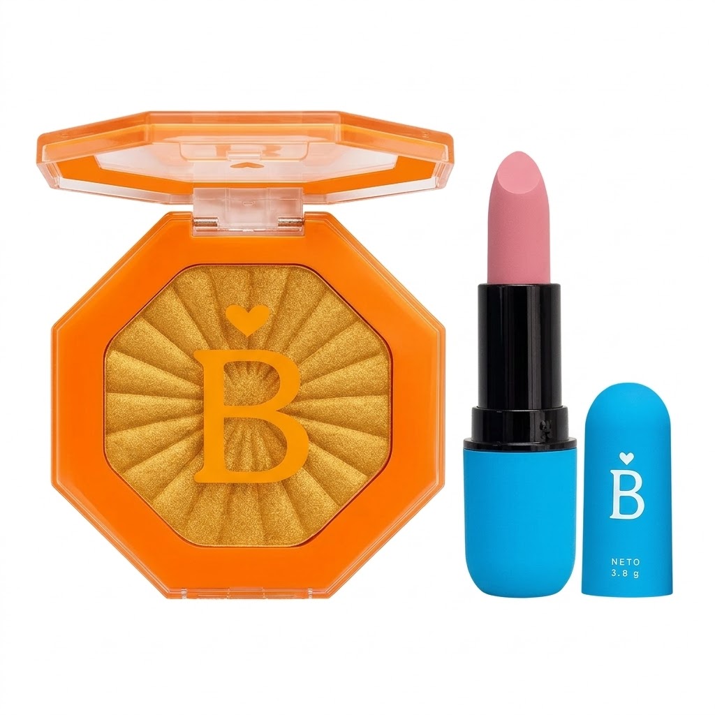 Detalle combo Bell&eacute; Gr&acirc;ce iluminador dorado BM0002 y labial rosa pastel Click & Go