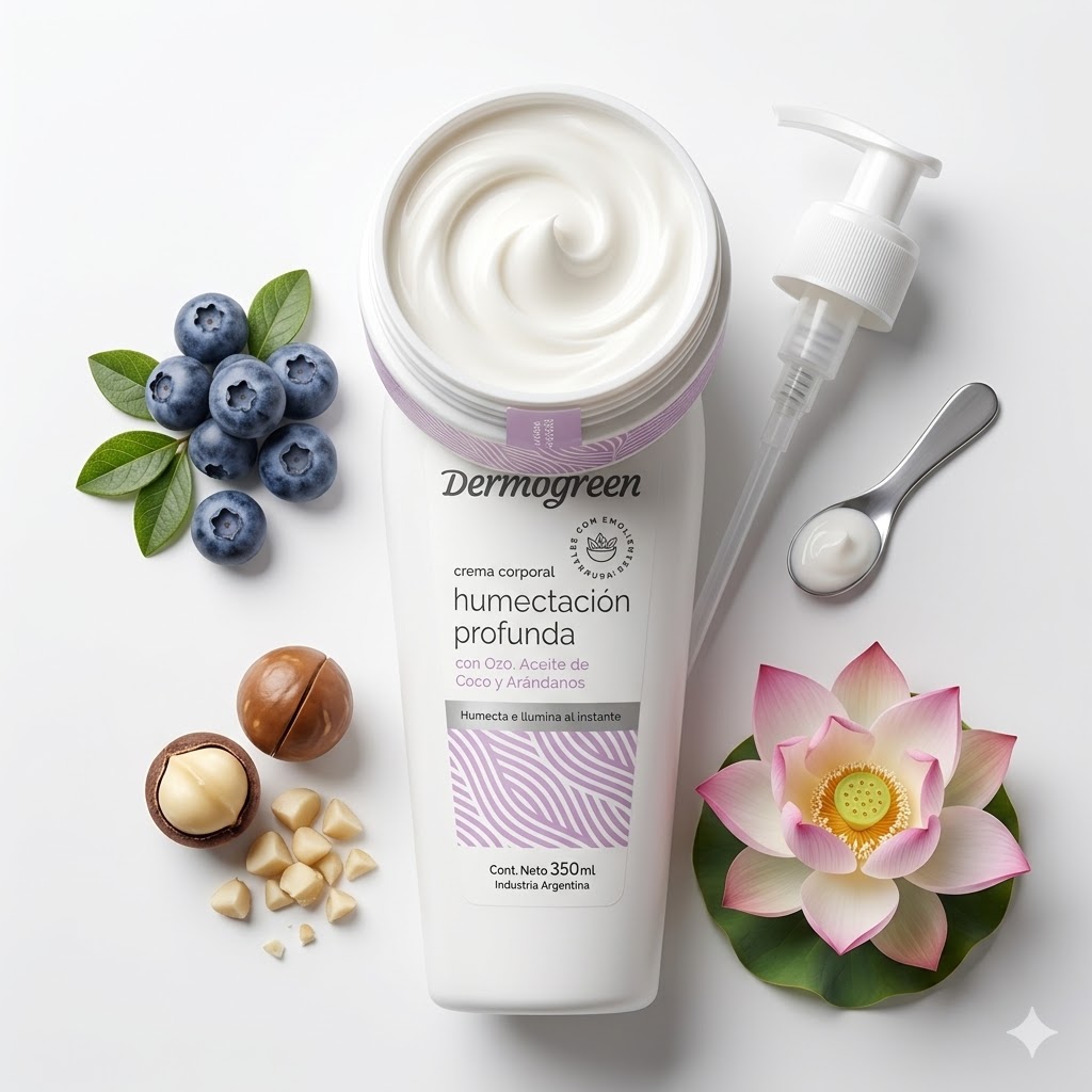 Crema corporal Dermogreen Click & Go 350ml textura ingredientes naturales detalle pote