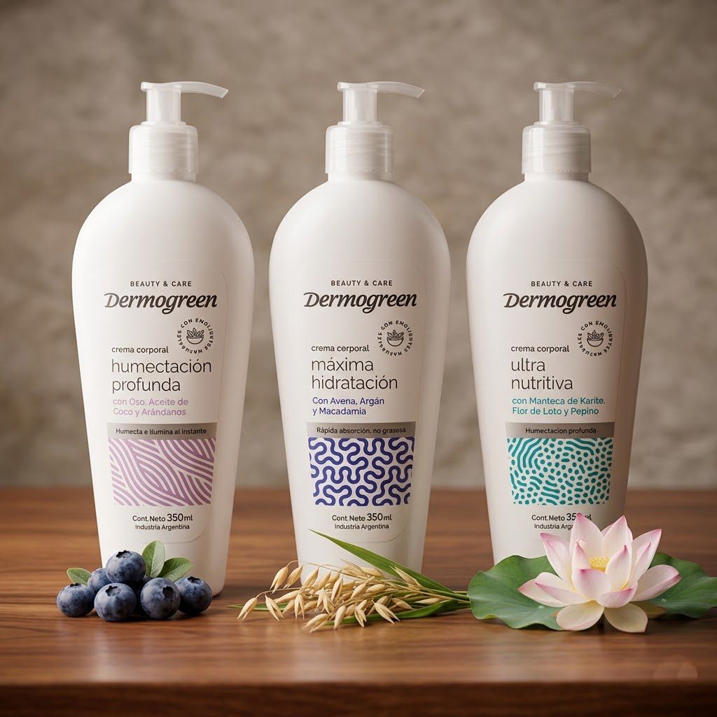 Tres variedades crema corporal Dermogreen 350ml hidratante nutritiva humectante