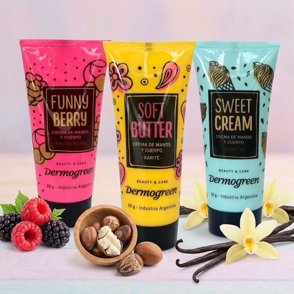 Tres variedades crema manos Click & Go Frutos Rojos Karit&eacute; Vainilla 60gr hidrataci&oacute;n