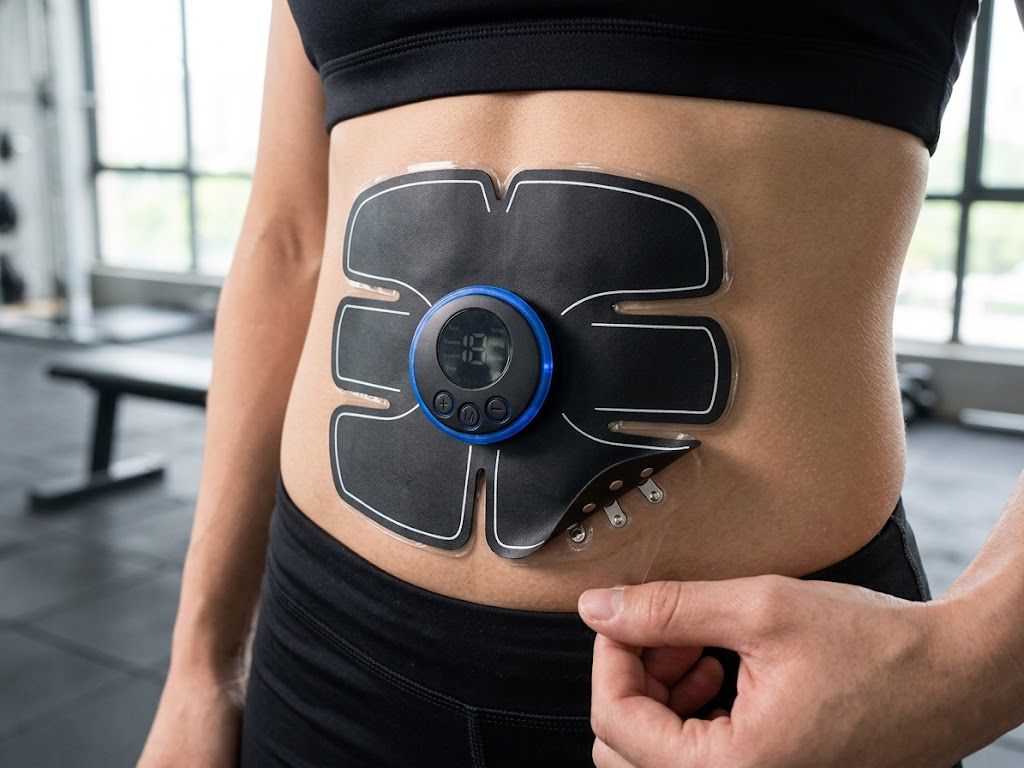 Electro estimulador EMS abdominal Click & Go colocado en uso zona abdomen tonificación