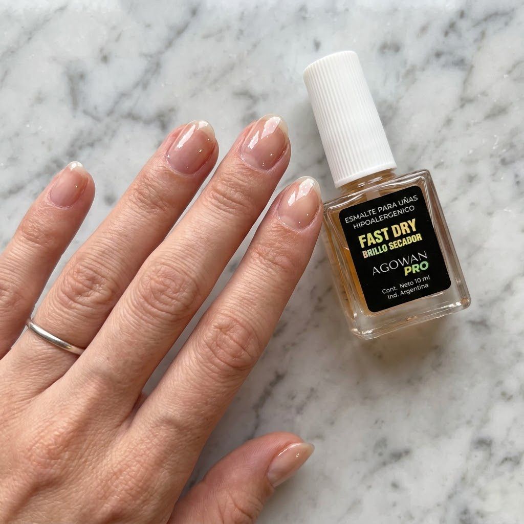 Top coat esmalte Agowan Pro aplicado sobre u&ntilde;as brillantes resultado profesional Click & Go