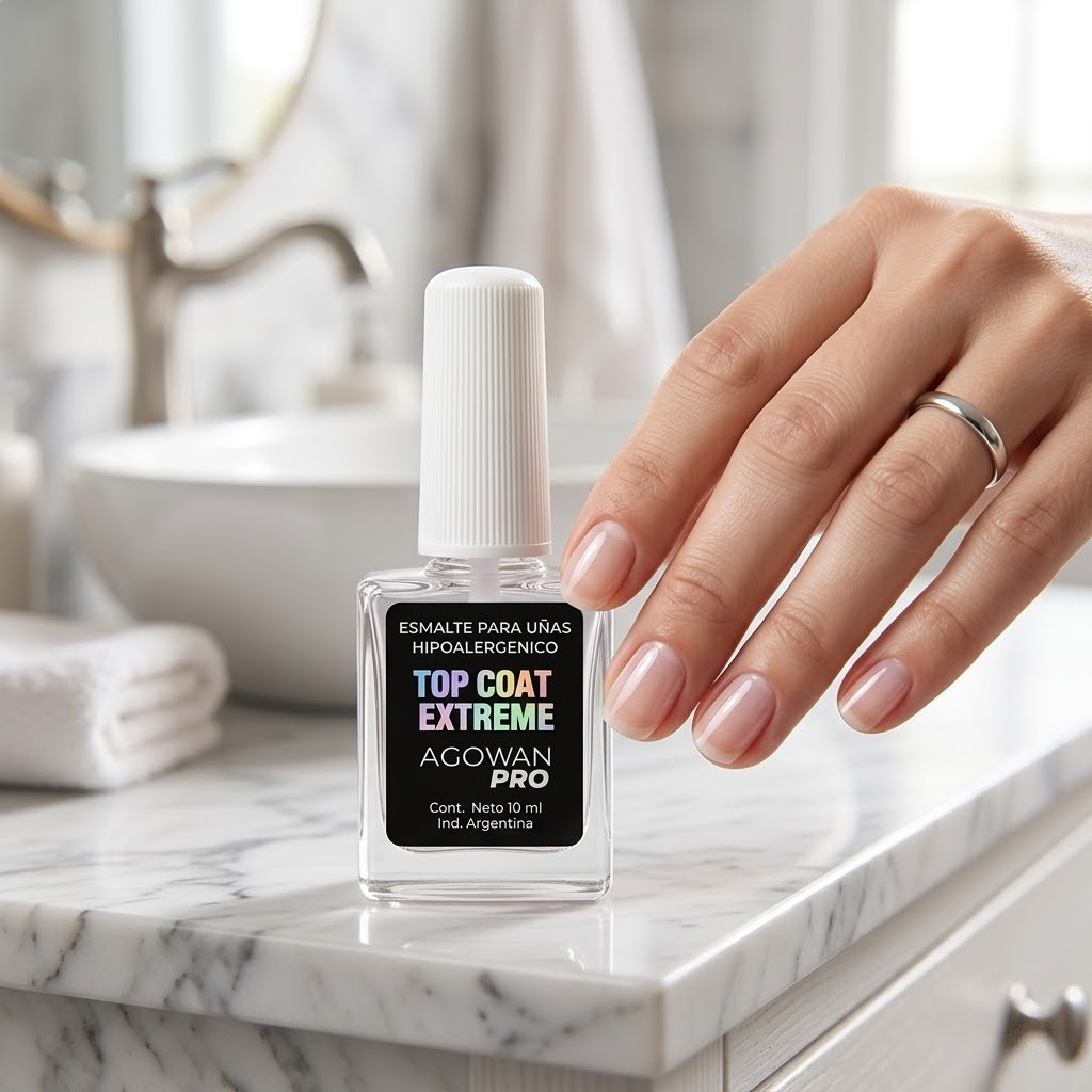 Esmalte para u&ntilde;as hipoalerg&eacute;nico Agowan Pro Click & Go frasco sobre tocador elegante