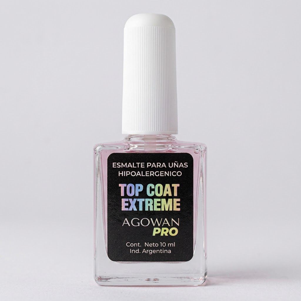 Frasco esmalte Agowan Pro Top Coat hipoalerg&eacute;nico 10ml industria argentina detalle etiqueta