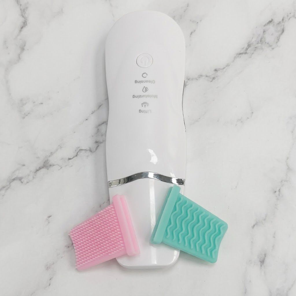 Esp&aacute;tula ultras&oacute;nica facial Click & Go cabezales silicona rosa verde limpieza poros resultado