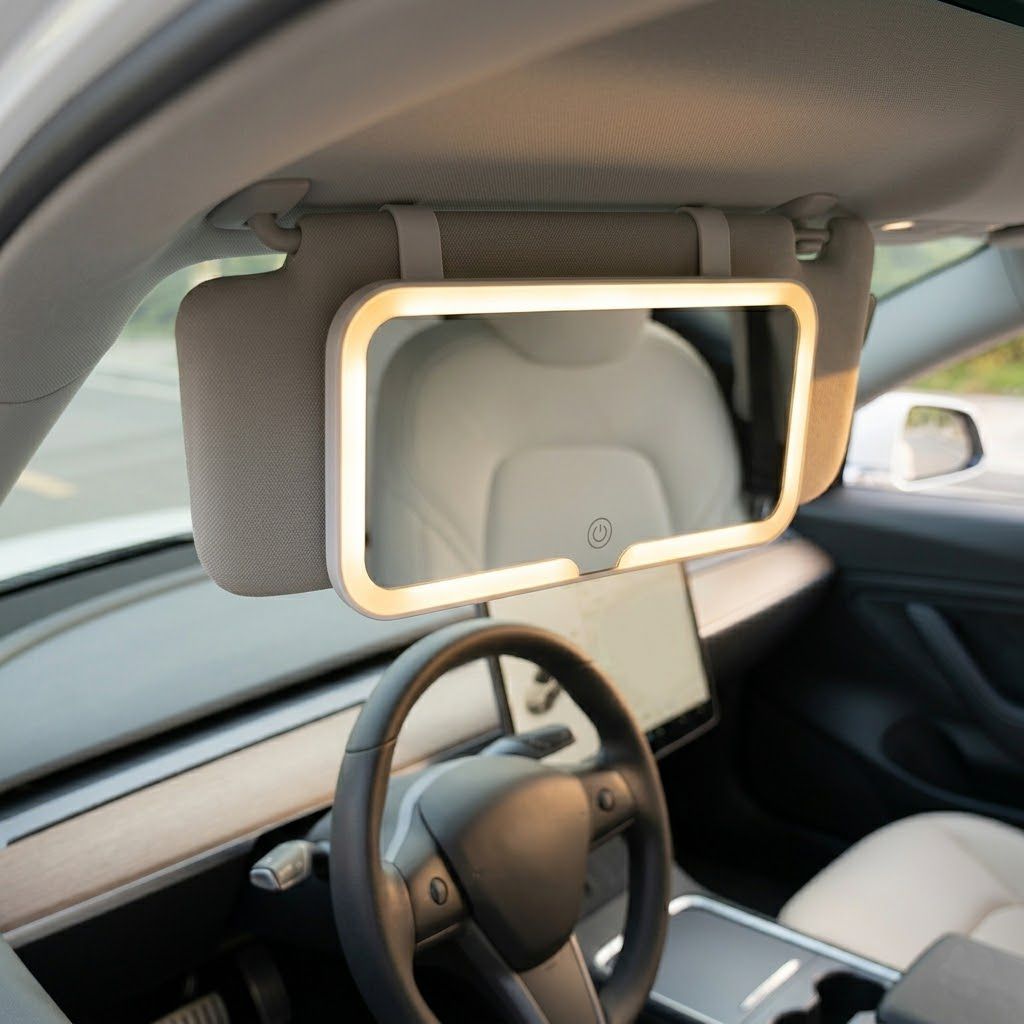 Espejo LED parasol encendido luz c&aacute;lida instalado auto interior Click & Go