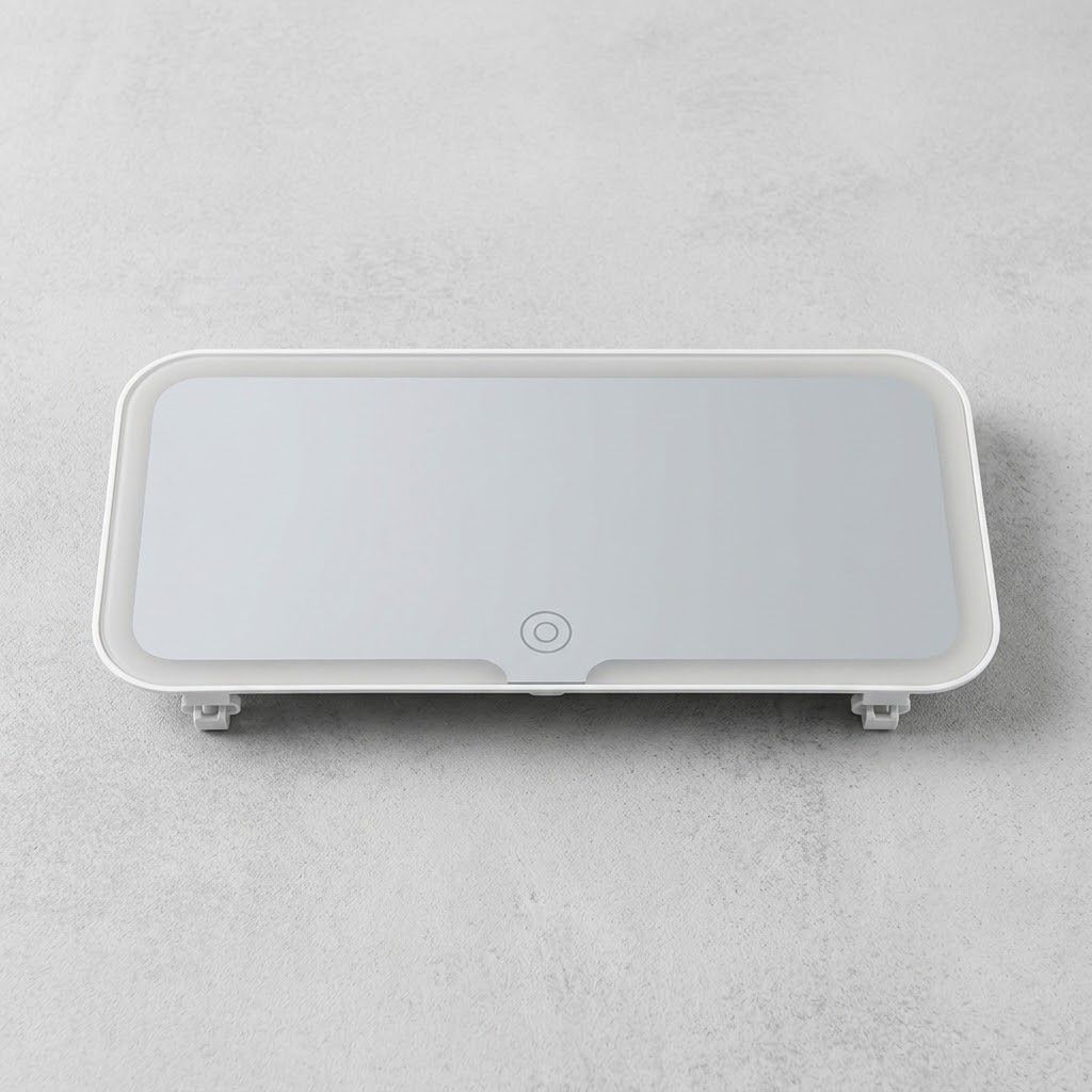 Espejo LED parasol blanco gris detalle clip ajustable pantalla t&aacute;ctil Click & Go