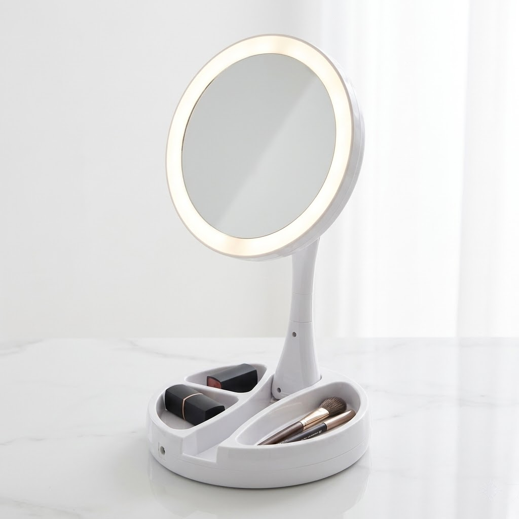Espejo LED circular Click & Go doble cara aumento 10x bandeja organizadora base cosméticos