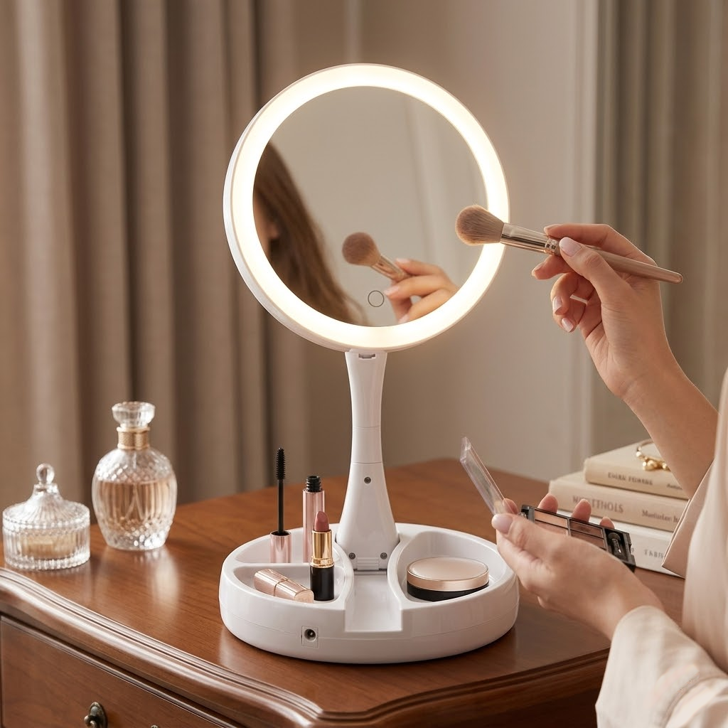 Espejo con luz LED circular blanco Click & Go sobre tocador mujer aplicando maquillaje iluminado