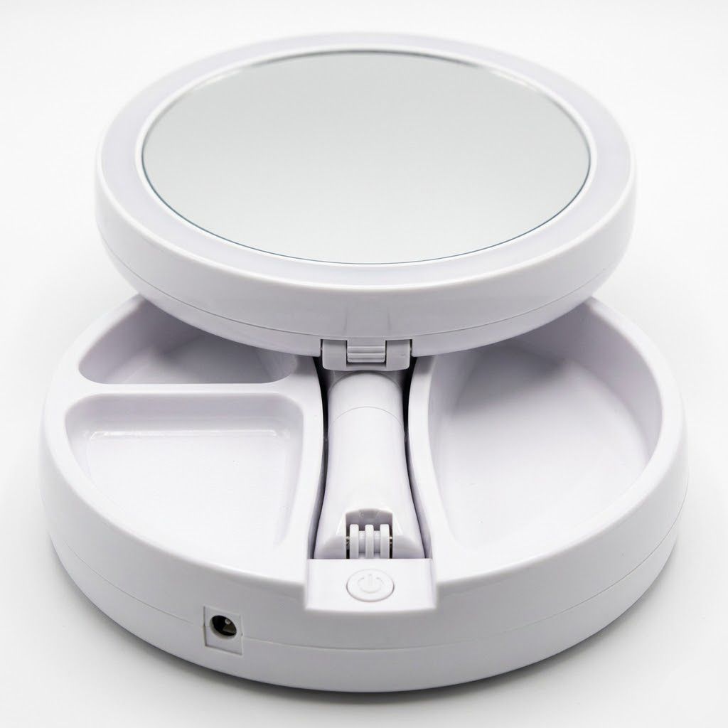Espejo LED circular blanco plegado base bandeja compartimentos detalle dise&ntilde;o Click & Go