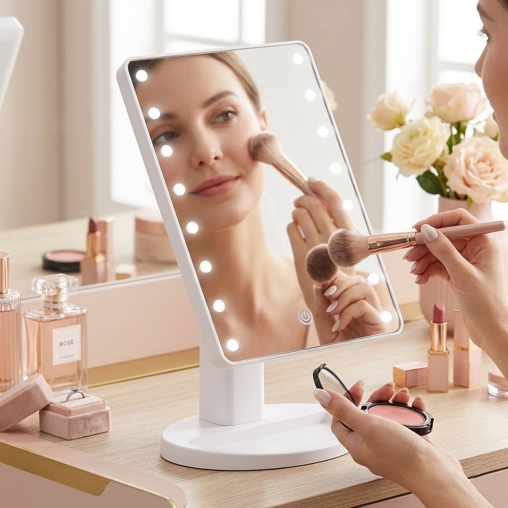 Espejo con luz LED rectangular blanco Click & Go en tocador mujer aplicando maquillaje