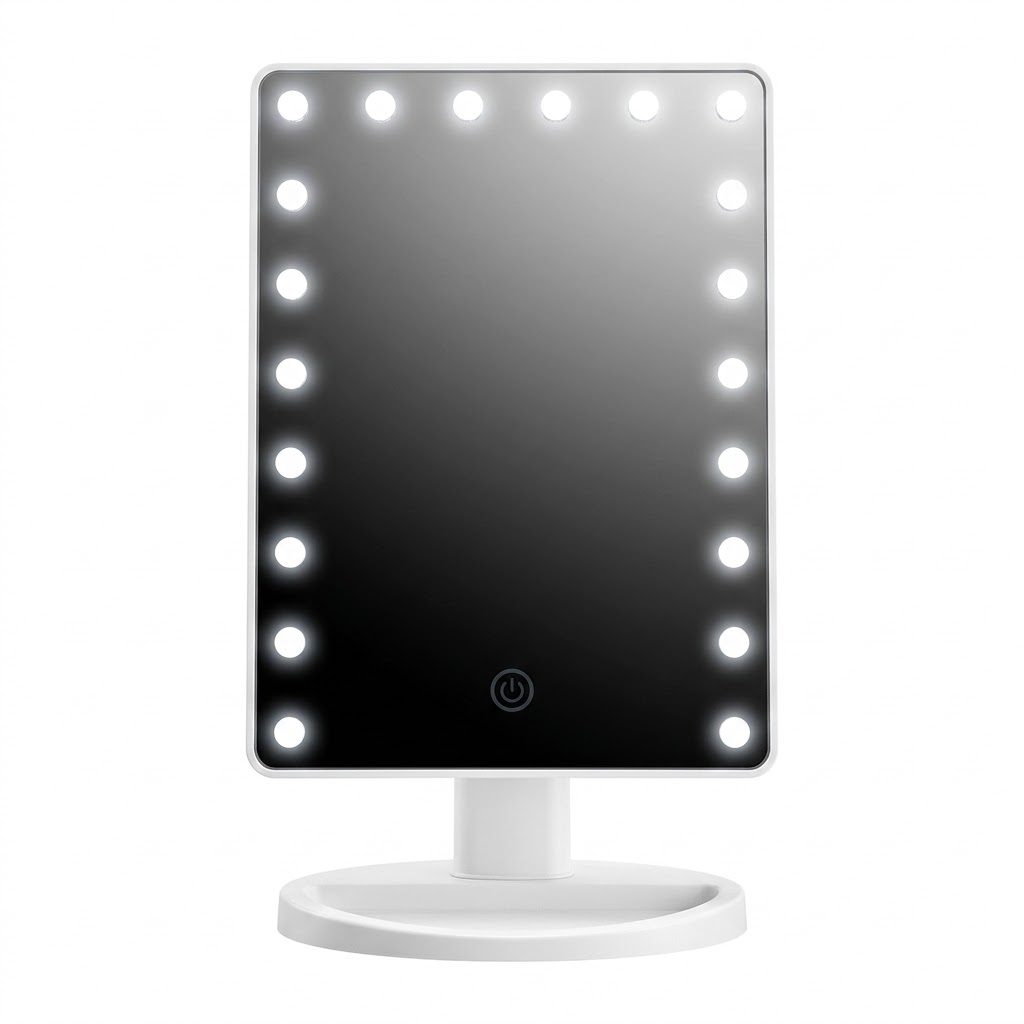 Espejo LED rectangular Click & Go encendido mostrando 16 LEDs iluminados vista frontal tocador