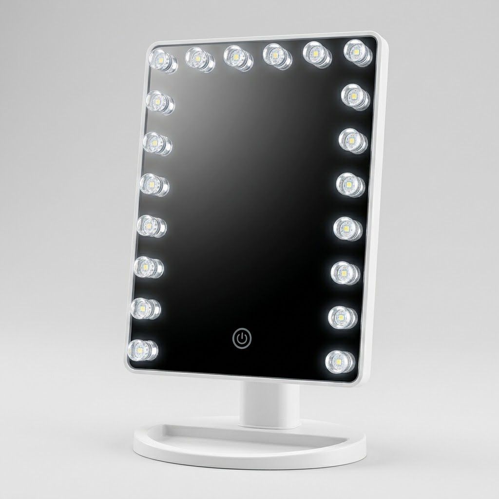 Espejo con luz LED rectangular blanco Click & Go base bandeja porta objetos bot&oacute;n t&aacute;ctil primer plano