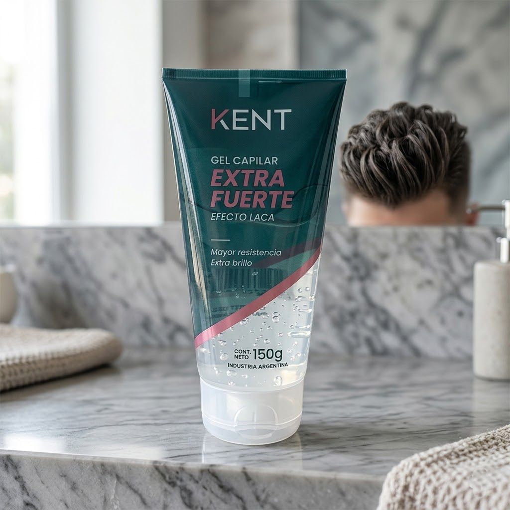 Gel capilar Kent Extra Fuerte 150g pomo verde teal sobre tocador moderno cabello estilizado