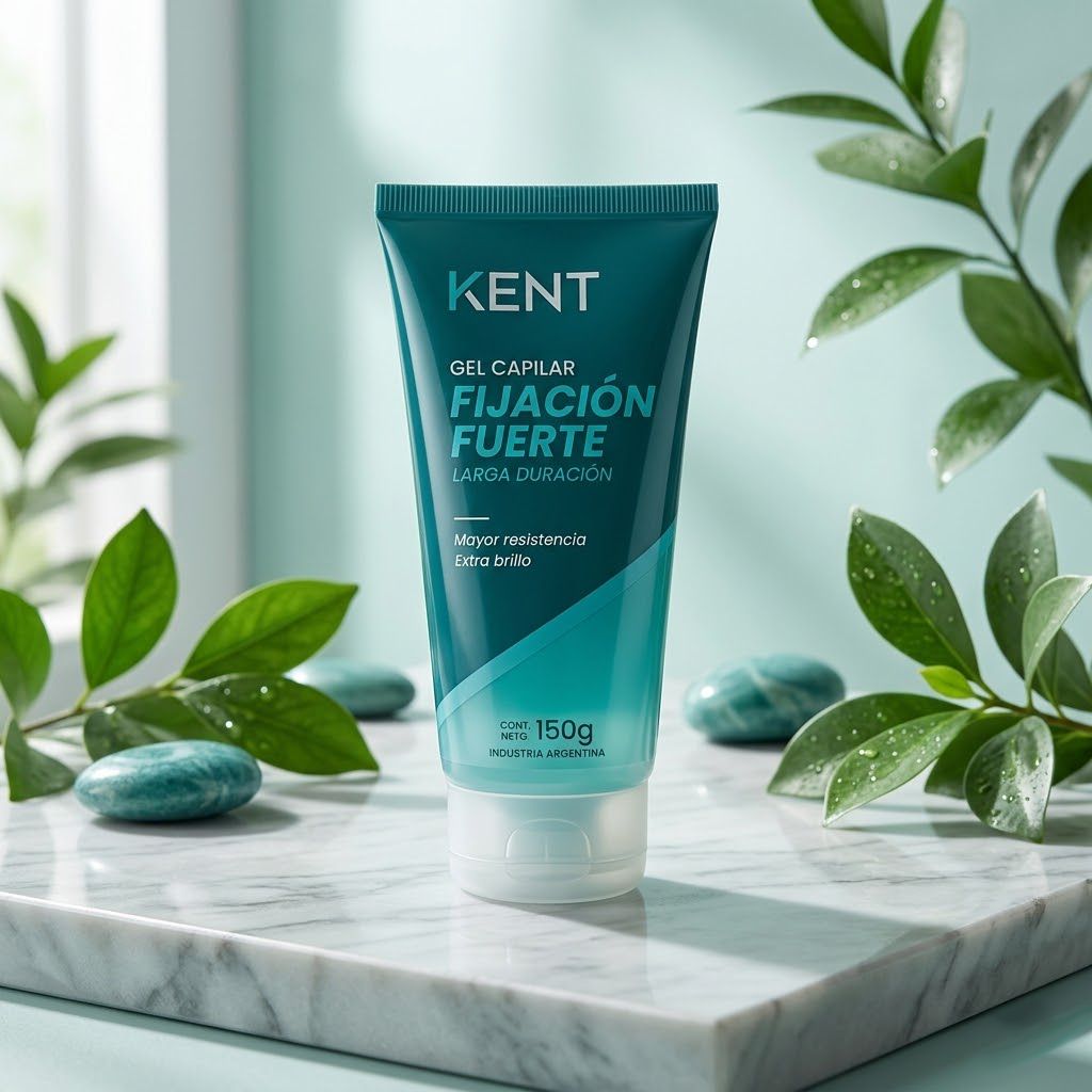 Gel capilar Kent Fijaci&oacute;n Fuerte 150g pomo teal verde sobre superficie m&aacute;rmol cabello estilizado