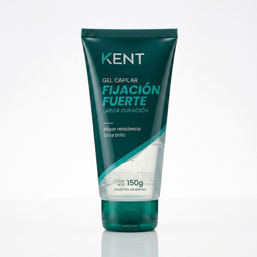 Gel capilar Kent Fijaci&oacute;n Fuerte 150g pomo teal azul verde primer plano etiqueta ingredientes Click & Go
