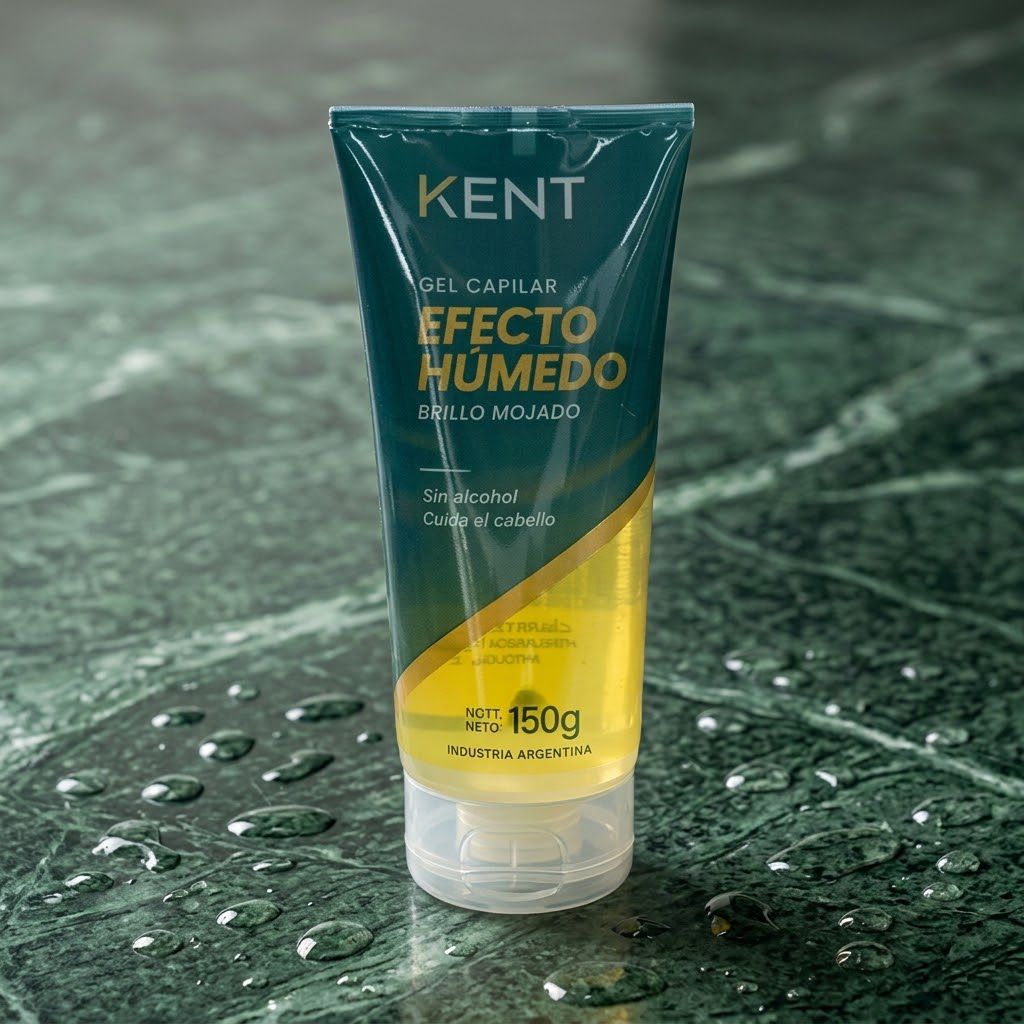 Gel capilar Kent Efecto H&uacute;medo 150g pomo teal amarillo sobre m&aacute;rmol verde cabello mojado estilizado