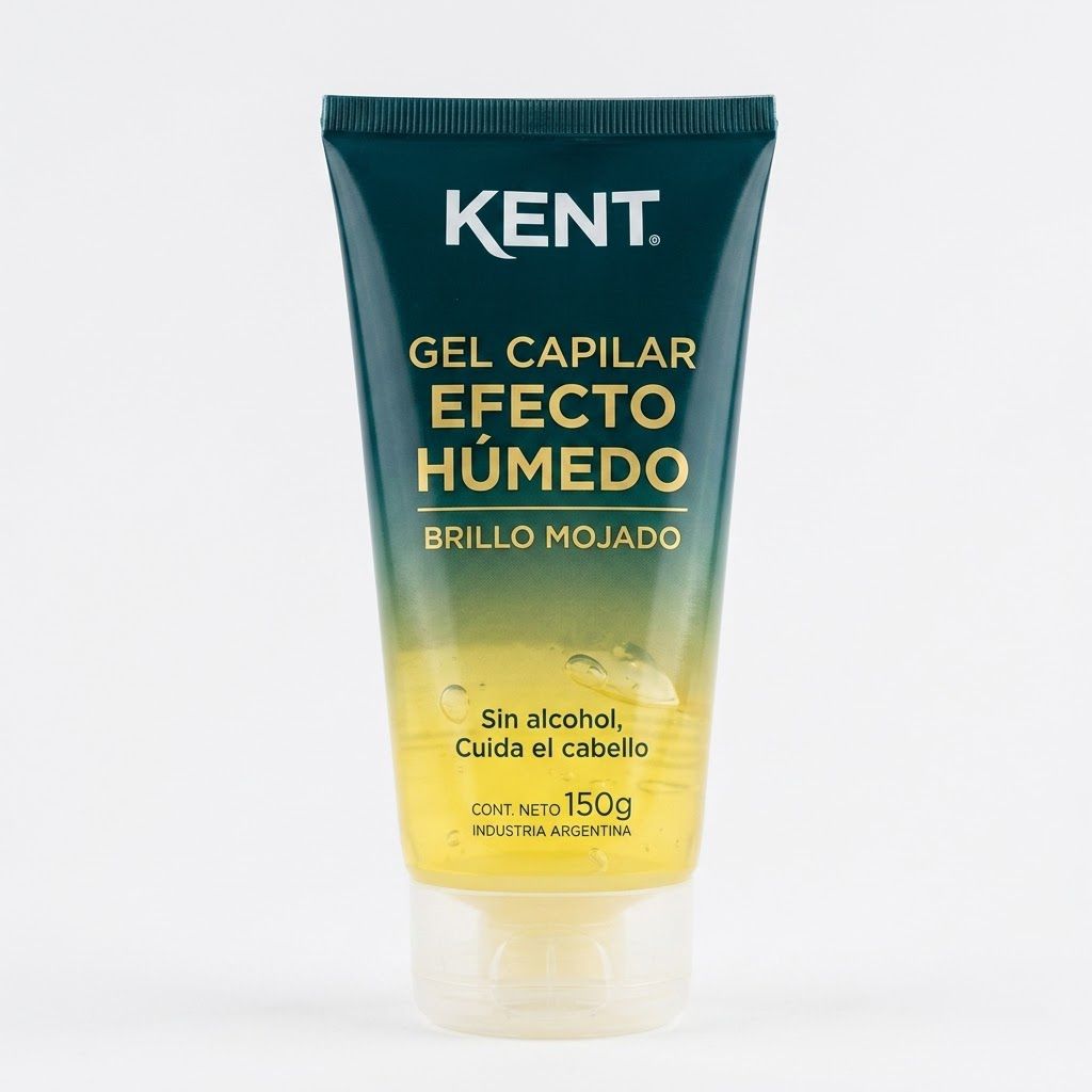 Gel capilar Kent Efecto H&uacute;medo 150g pomo teal amarillo primer plano etiqueta brillo mojado sin alcohol Click & Go