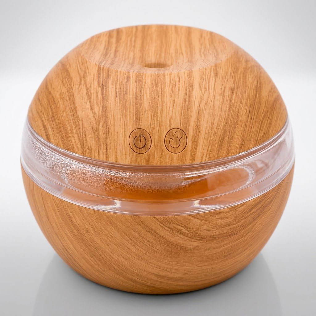 Humidificador hongo madera clara vista superior botones t&aacute;ctiles franja transparente detalle Click & Go