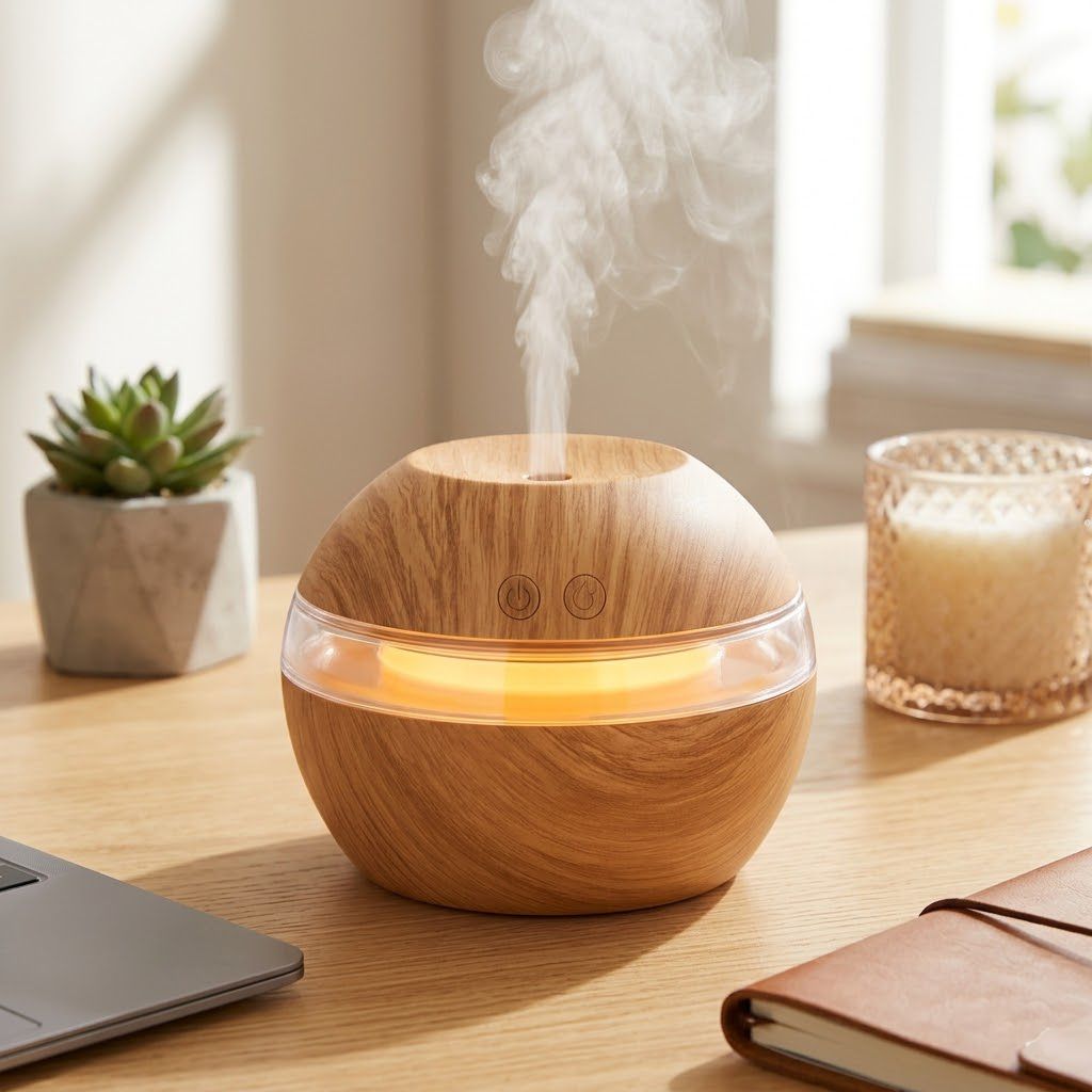 Humidificador difusor aromatizador forma hongo madera Click & Go ambiente hogar c&aacute;lido