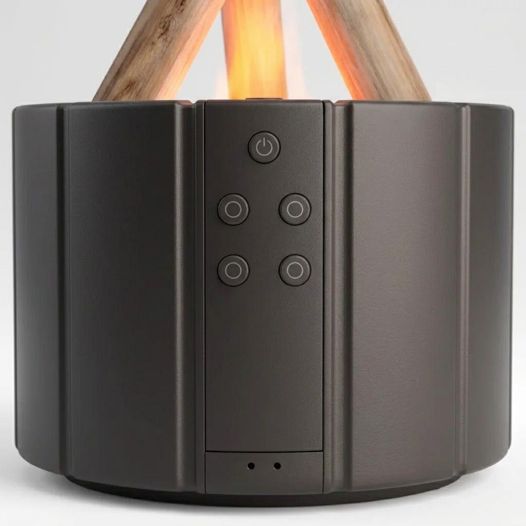 Humidificador aromatizante fogata negro panel t&aacute;ctil botones detalle constructivo Click & Go