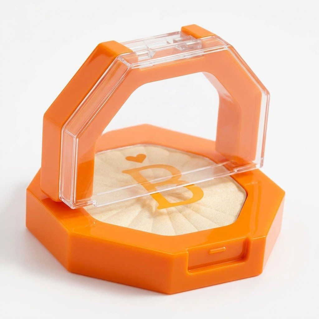 Iluminador polvo compacto Belle Grace BM0002 packaging naranja octagonal detalle textura dorada Click & Go