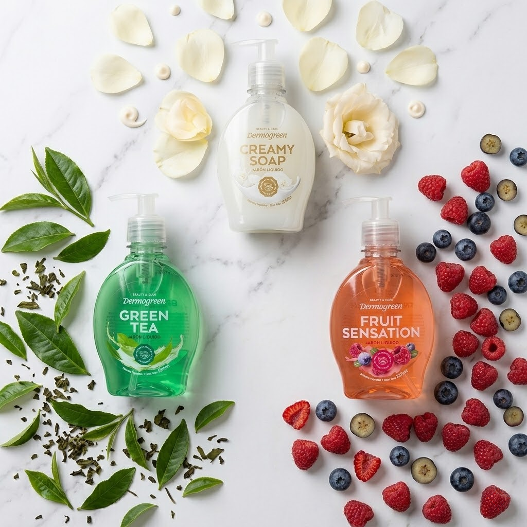Jabón líquido Dermogreen tres variantes Green Tea Fruit Sensation Creamy Soap vista comparativa Click & Go