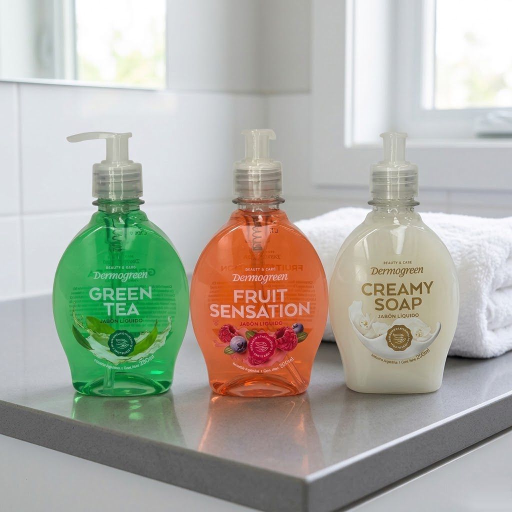 Jabón líquido Dermogreen 250ml Click & Go fragancias Green Tea Fruit Sensation Creamy Soap sobre mesada de baño