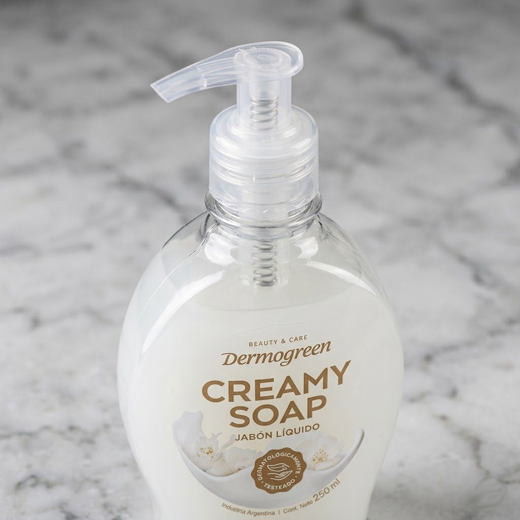 Frasco jabón líquido Dermogreen Creamy Soap 250ml primer plano dispensador y etiqueta Click & Go