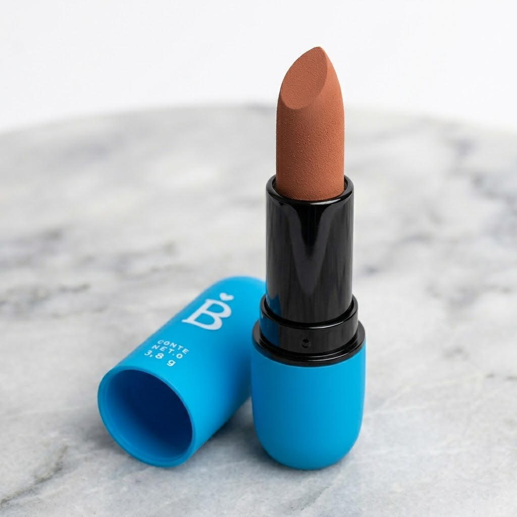Labial mate Bell&eacute; Gr&acirc;ce tono caramelo primer plano bullet textura aterciopelada tapa celeste Click & Go