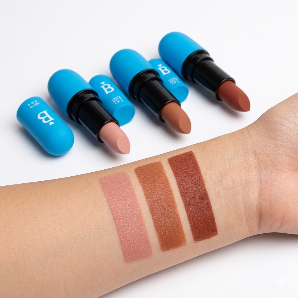 Labial mate Bell&eacute; Gr&acirc;ce tres tonos aplicados en el dorso de la mano mostrando pigmentaci&oacute;n nude caramelo terracota