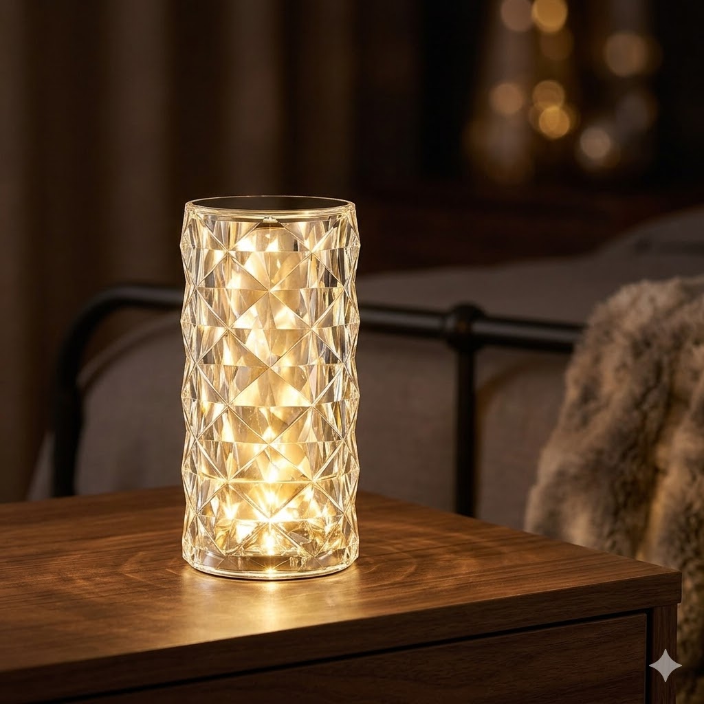 L&aacute;mpara LED diamante cristal encendida luz c&aacute;lida mesita de noche ambiente decorativo Click & Go