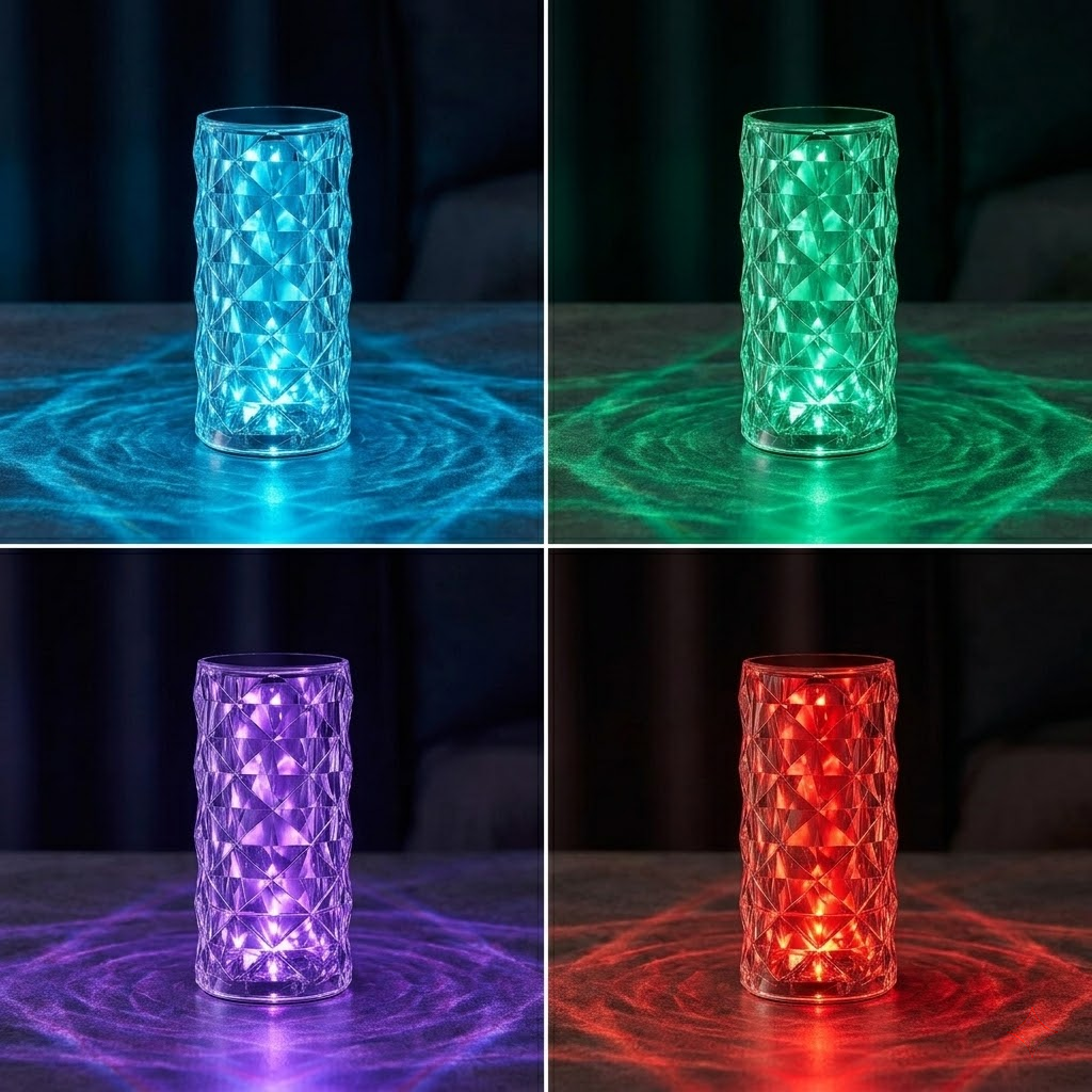 L&aacute;mpara diamante LED mostrando los 16 colores RGB encendidos en secuencia sobre superficie oscura