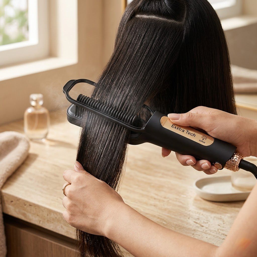 Peine alisador iónico Exxtra Tech negro Click & Go siendo usado en cabello liso brillante sin frizz