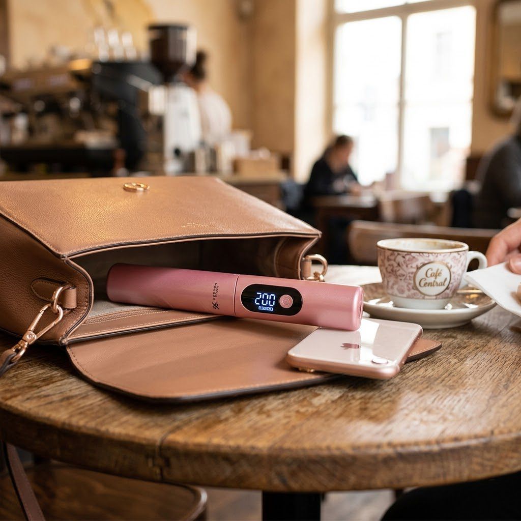 Peine alisador inal&aacute;mbrico Exxtra Tech rosa con pantalla digital en cartera de mano Click & Go