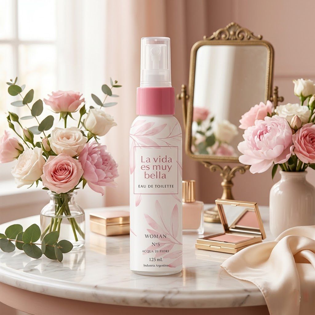 Perfume Eau de Toilette Vida Muy Bella 125ml floral mujer Click & Go sobre tocador femenino con flores rosas